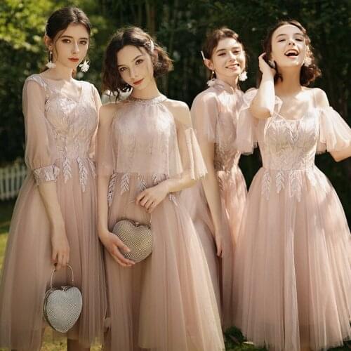 Bridesmaids Dresses Illusion Off The Shoulder Sequined Floor-Length Embroidery V-Neck A-Line Tulle Women Wedding Party Gown E165