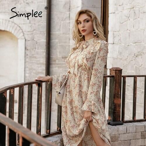 Simplee Floral print maxi dresses for women casual Bowknot ruffle long ptal sleeve summer dress Holiday fashion office dress
