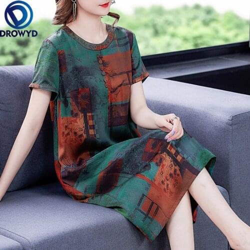 Summer Casual O-neck Short Sleeve Midi Dress 2021 Vintage Loose Floral Silk Satin Dresses Elegant High Quality Party Vestidos