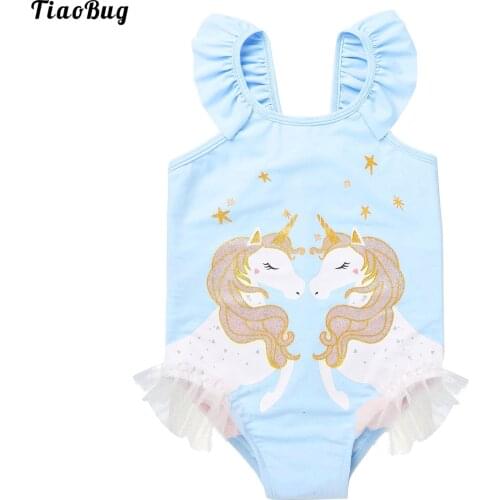 TiaoBug Summer Kids Girls Cute Cartoon Patterns One-Piece Swimming Bodysuit Jumpsuit Mesh Swimsuits Beach Bathing Pool Swimwear