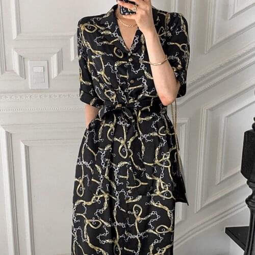 A-Line Vintage Print Party Boho 2021 Short Sleeve Summer Elegant Dress Dresses Women French Ethnic High Waist Slim