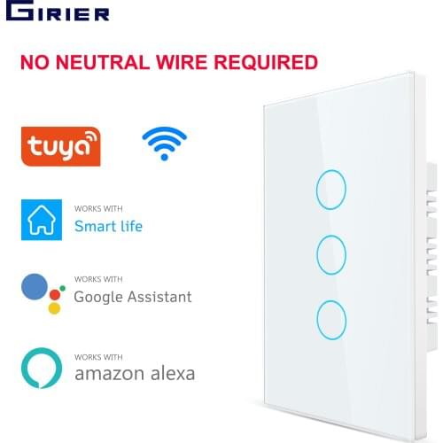 Tuya Wifi Smart Light Wall Switch No Neutral Wire Required, Touch Glass Panel 1 2 3 Gang 100~240V, Works with Alexa Google Home