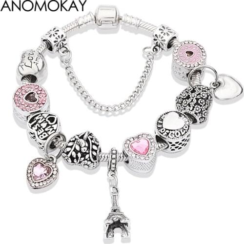 Vintage Silver Color Eiffel Tower Heart Charm Bracelet Pink Crystal Bracelet Bird Flower Diy Bead Bracelet for Women Mom Girl