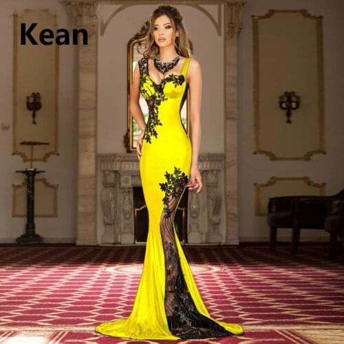 Yellow Muslim Evening Dress V-Neck Mermaid Applique Slit Illusion Sexy Islamic Dubai Kaftan Saudi Arabic Evening Gown Prom Dress