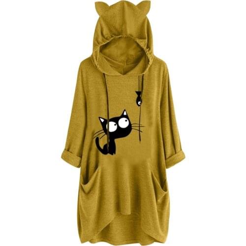 Cat Ear Hoody For Women Autumn Kawaii Lovely Animal Printed Sweatshirts Irregular Pockets Top Blouse Hooded Hoodies Plus Size