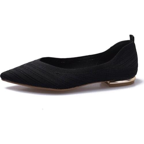 Flats Shoes Womens 2021 Spring Autumn New Flat Flying Ladies Woven Knitted Pointed Toe Mesh Slip-On Solid Black Shoes Woman