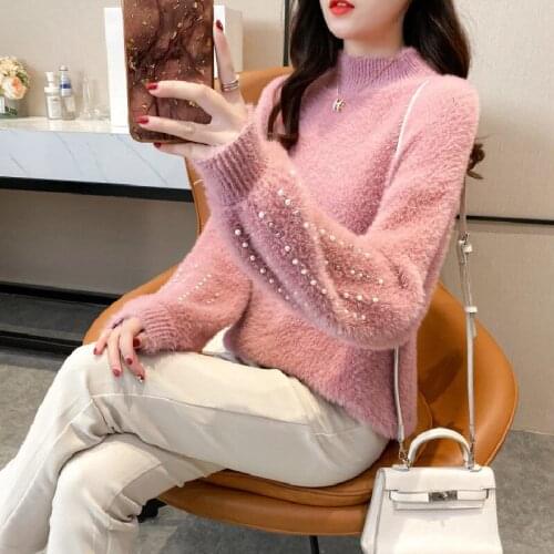 Womens autumn and winter imitation mink velvet half turtleneck sweater simple and soft cuffs pearl all-match sweater women