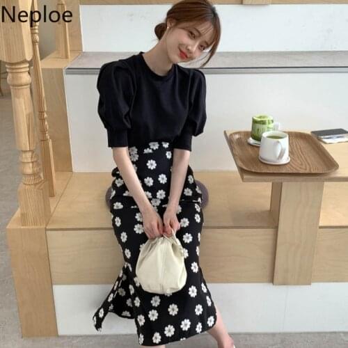 Neploe 2 Piece Set Women Korean Chic Suit Knitted Puff Sleeve Tops High Waist Slim Print Bodycon Skirt Ropa Mujer Two Piece Set