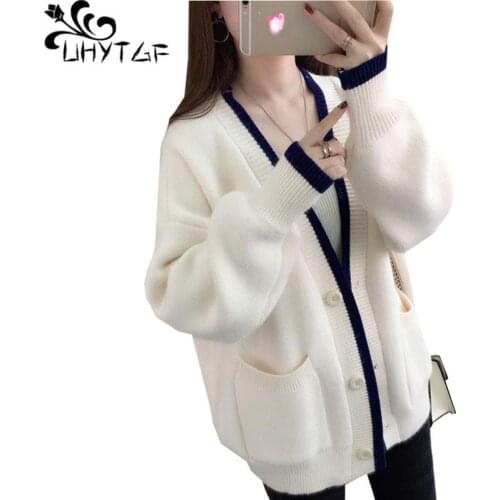 UHYTGF Womens sweater knitted cardigan spring autumn sweater coat V-neck student loose plus size sweater female pull femme 1135
