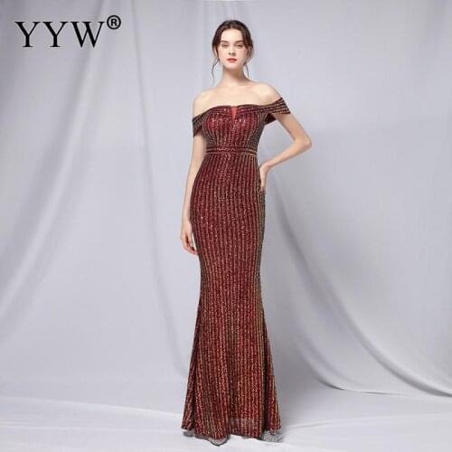 Women Claret Off Shoulder Long Party Dress Sexy Slash Neck Gilter Sequines Evening Dresses Lady Formal Cocktail Dress Robe Gowns