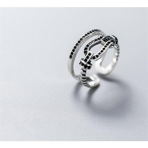 Fashion Black Zircon Belt Shape Double-layer Temperament Open Rings for Women 925 Sterling Silver Creative Jewelry Gifts SR277