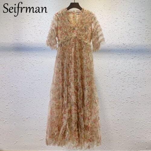 Seifrmann New 2021 Summer Women Fashion Runway Beach Holiday Long Dress Sexy V-Neck Ruffles High Waist Floral Print Mesh Dresses