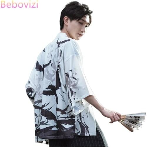 2021 New Summer Loose White Crow Print Japanese Streetwear Cardigan Women Men Harajuku Haori Kimono Cosplay Blouse Top Yukata
