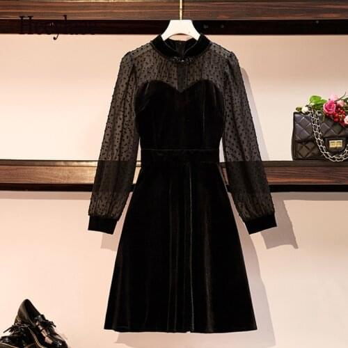 Plus Size Autumn Winter velvet dress Chinese Style Mesh Patchwork French Vintage Black Slim Bodycon Dresses 4XL Korean Vestidos