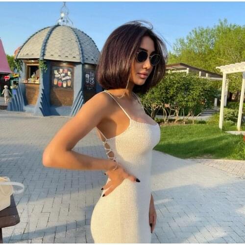 Bandage Midi Vintage Dress Vestido Tanque Long Kleid For Women Bohemian Slip Blue Backless Knitted Cotton Sexy Wrap Jurken Mujer