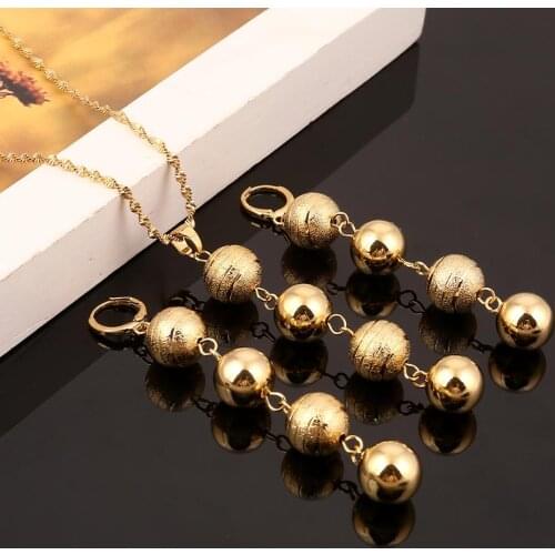 Gold Color Round Ball Pendant Necklace Earrings Trendy Bead Women Jewelry Sets