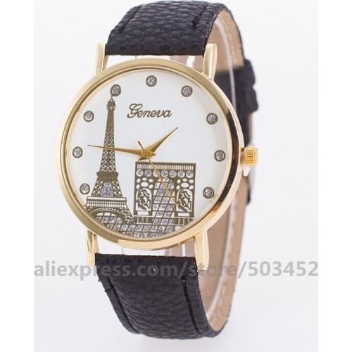 100pcs/lot Geneva Leather Eiffel Female Watch Sport Montre Femme Wholesale Diamond Scale Relogios Femininos Hot Sell
