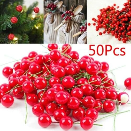 50pcs Super Pearl Plastic Stamens Artificial Flower Small Berries Cherry for Wedding Christmas Cake Box Wreaths Decoration