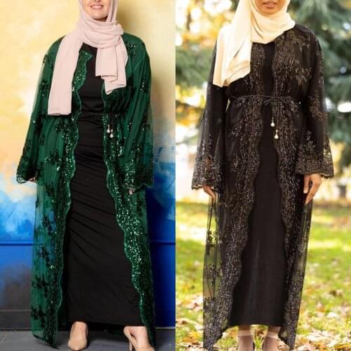 Abayas Dubai Middle East Lace Sequined Cardigan Robe Muslim Fashionable Dresses For Women Suitable For Spring, Summer And Autumn