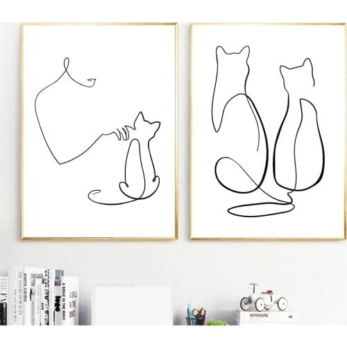 Abstract Cats Line Art Canvas Prints Figure Cat Minimalist Painting Black And White Wall Art Poster Pictures Living Room Decor