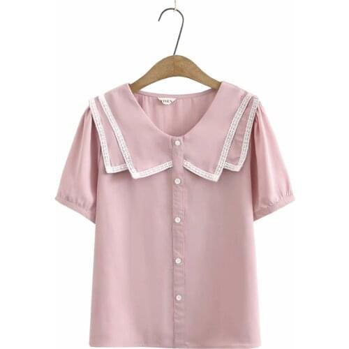 Plus size puff sleeve lace collar Cotton linen women shirts 2021 summer NEW casual pink black golden ladies blouse female tops