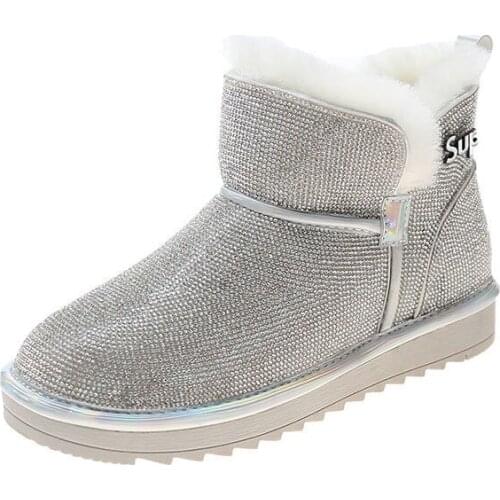 2021 Women Fashion Boots Female Blingbling Rhinestone Winter Snow Shoes Women Diamonds Flat Plush Boots Girl Beauty Shoes