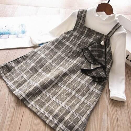 Children outfis girls 2pcs sets white t shirts and plaid sleeveless dress children suits wholesale