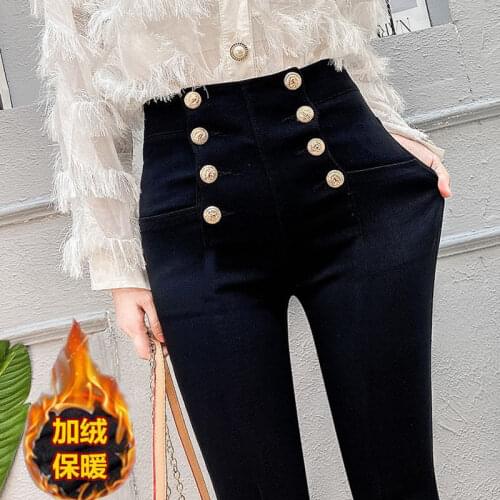 Black Jeans Women Autumn Winter Double-breasted Pants Zipper High Waist Stretch Denim Pants Skinny Trousers Mujer