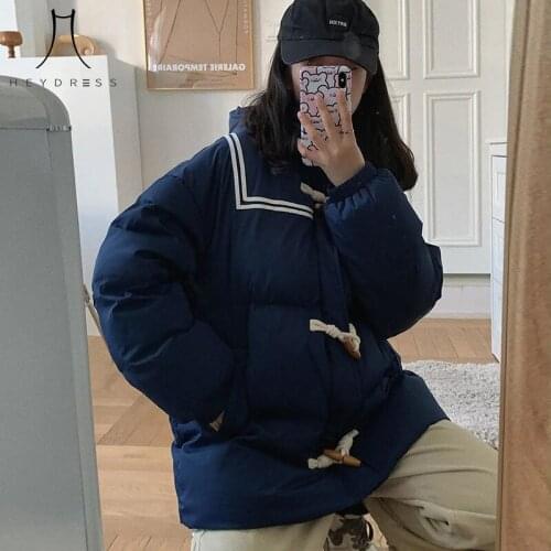 Herstory winter solid Horn Button hooded thick warm shorts Parka coats female casual Harajuku down ladys fashion Chic outerwears