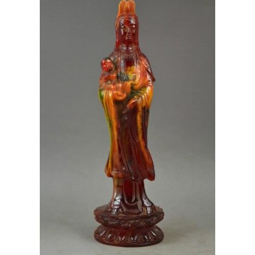 China Rare Old Artificial Amber Resin Efficacy Kwan-Yin Send You Child Noble Statue