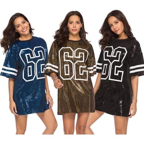2019 Summer Woman Sequined Dress Short Sleeve Round Neck Number 62 Print Casual Loose T Shirt Dress Hip Hop Performance Costumes