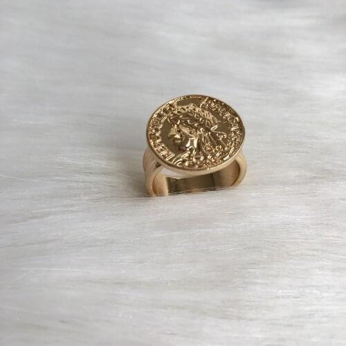 FASHION JEWELRY GOLD COLOR PLATING COIN FACE ENGRAVED SQUARE RING FOR WOMEN GIRL