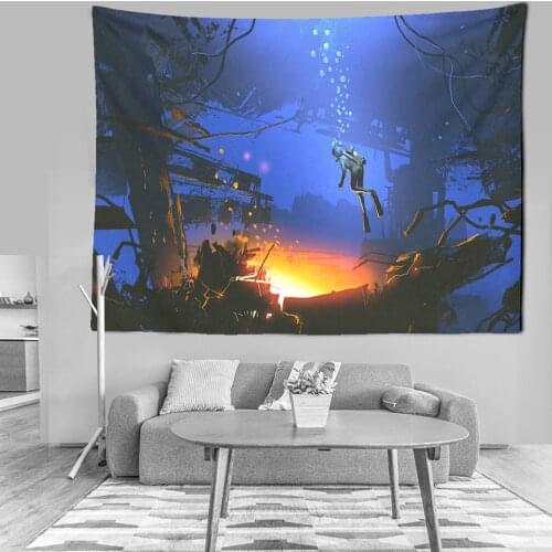 Ocean Galaxy Tapestry Wall Hanging Divers Landscape Hippie Psychedelic Tapiz Starry Sky Dorm Home Cartoon Decor Wall Carpet