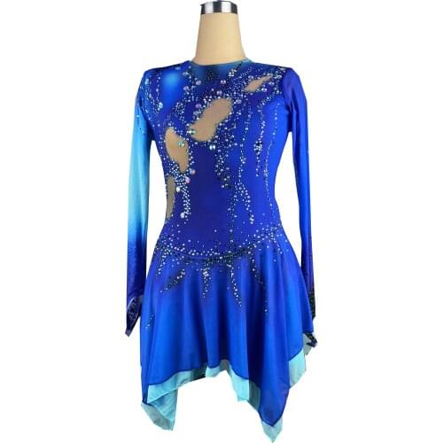 Blue Figure Skating Dress Long-Sleeved Ice Skating Skirt Spandex