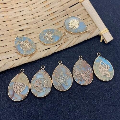 Natural Stone Shoushan Pendant Stone Drop-shaped Metal Edging Charm Gold Pattern Light Blue Pendant Necklace Bracelet Jewelry