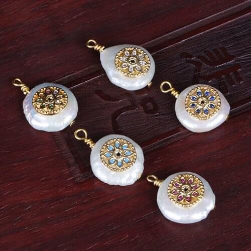 Cz paved tiny gold round disc disk flower charms natural freshwater pearl pendant bead charm for choker earring jewelry making
