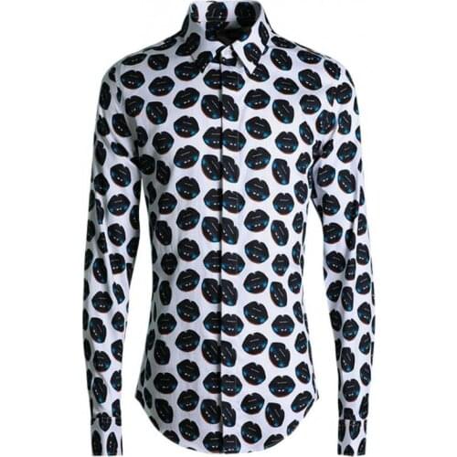 Luxury Men Shirt Long Sleeve Polka Dot And Lips Printed Mens Dress Shirt Hight Quality Mens Shirts Casual Slim Fit Social Shirt
