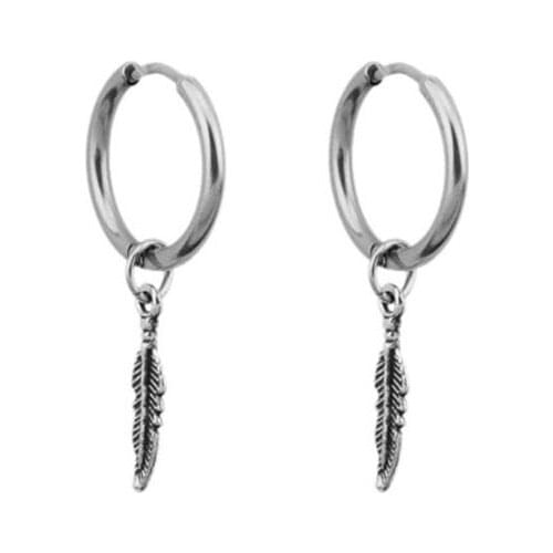 Hip Hop Kpop Boy Leaf Titanium Feather Pendant Hoop Drop Earrings Korean Jewelry Dropshipping