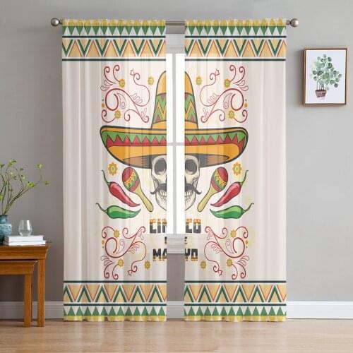 Mexican Skull Hat Party Green Tulle Sheer Window Curtains for Living Room Kitchen Children Bedroom Voile Hanging Curtain