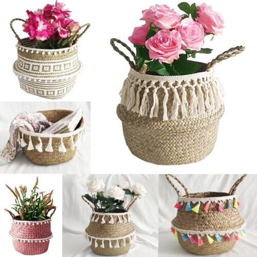 Foldable Seagrass Belly Woven Basket Flower Plants Pots with Pom Pom Ball/Tassel Storage Bag Home Decor