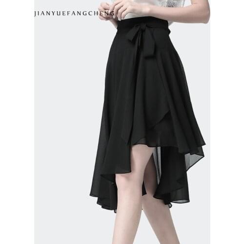 Women' Summer Irregular Pleated Black Chiffon Skirt Belt Lacing High Waist A-Line Midi Skirts 2021 New Elegant Plus Size Bottoms