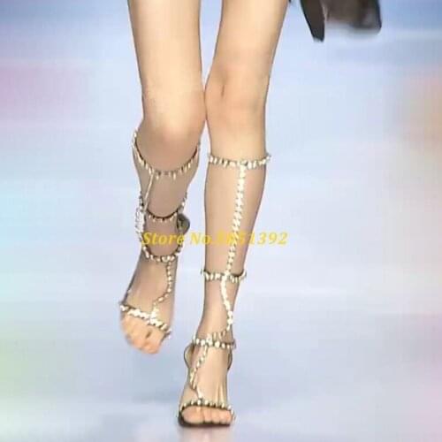 Crystal Bling Bling Over the Knee Sandal Boots Summer Open Toe Cutouts Gladiator Shoes Woman Runway Party Heels
