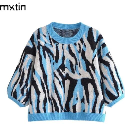 Women Sweater Fashion Autumn Animal Pattern Knitted Tops Vintage O Neck Half Sleeve Female Pullovers Womens Clothing Psg