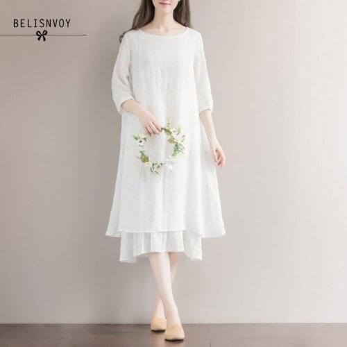 Spring Summer Floral Printed Cotton Linen Dress Women Half Sleeve Round Neck Fake Two Piece Vintage Embroidery Dress Female