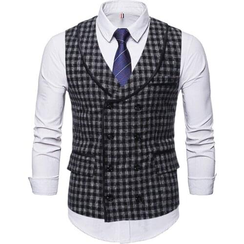 Fashion Suit Vest Plaid Double Breasted Men Formal Dress Vest Herringbone Gilet Fitness Sleeveless Jacket Wedding Waistcoat Men