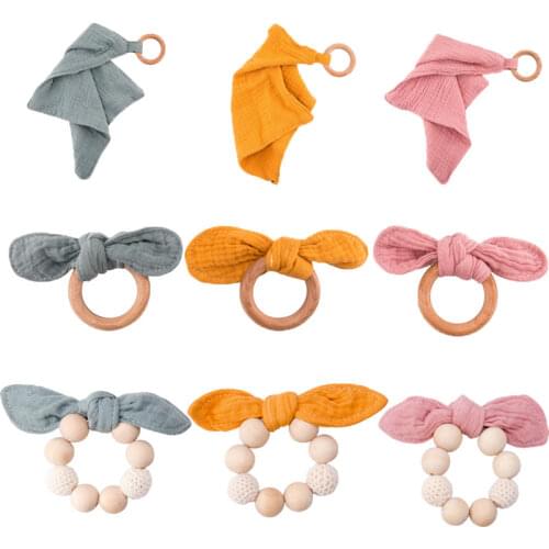1PC Wooden Teether Bunny Ear Wooden Rings Baby Bracelet Bib Soft Pure Cotton Blend Gauze Bibs Burp Towel For Kids DIY Products