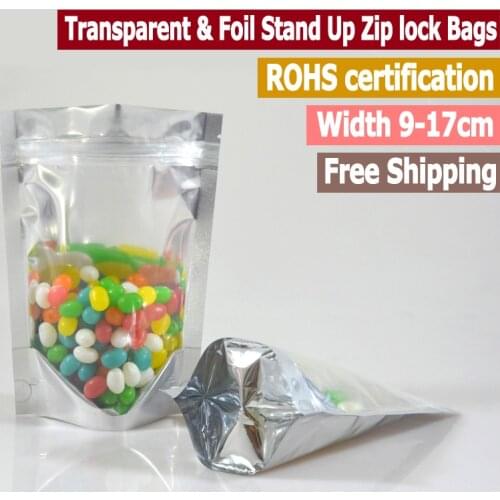 100 pcs Transparent And Foil Stand Up Zip lock Bag Clear Front Zip lock Pouch Food Storage Width From 9cm to 18cm