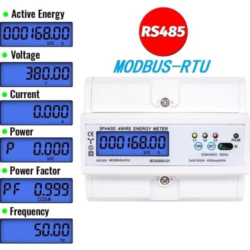 3 Phase 4 Wire RS485 Modbus 380V 100A DIN Rail Energy Meter Digital Backlight Power Factor Monitor with Voltage Current Display