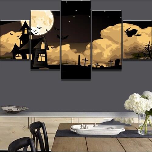 5 Piece Canvas Art Halloween Witch Bat Castle Modern Decorative Paintings on Canvas Wall Art for Home Decorations Wall Decor