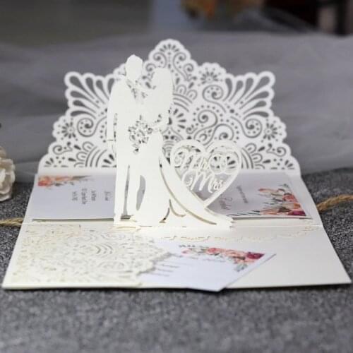 50 Pieces/Lot) White Pop Up Wedding Cards Valentines Day Gift Postcard With Envelope Custom Printing Anniversary Invitations